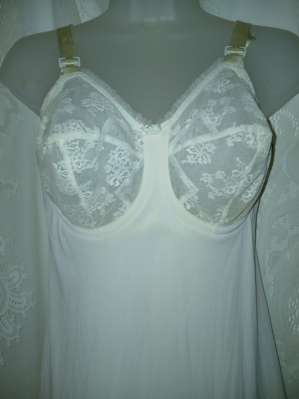 Vintage 50s White Underwire Bra Slip Dress Floral Nylon Lace Applique 32D S