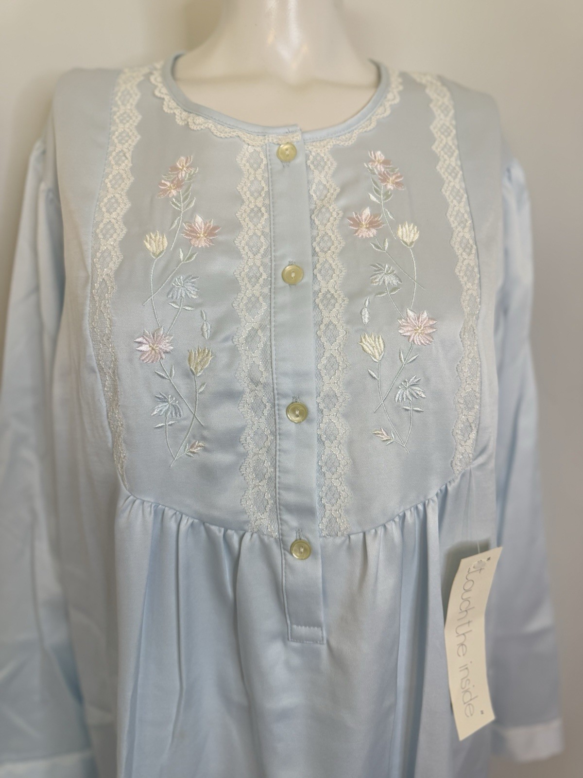 Vintage Miss Elaine XL Granny Long Nightgown Gown Lt Blue Embroidered Lace NWT