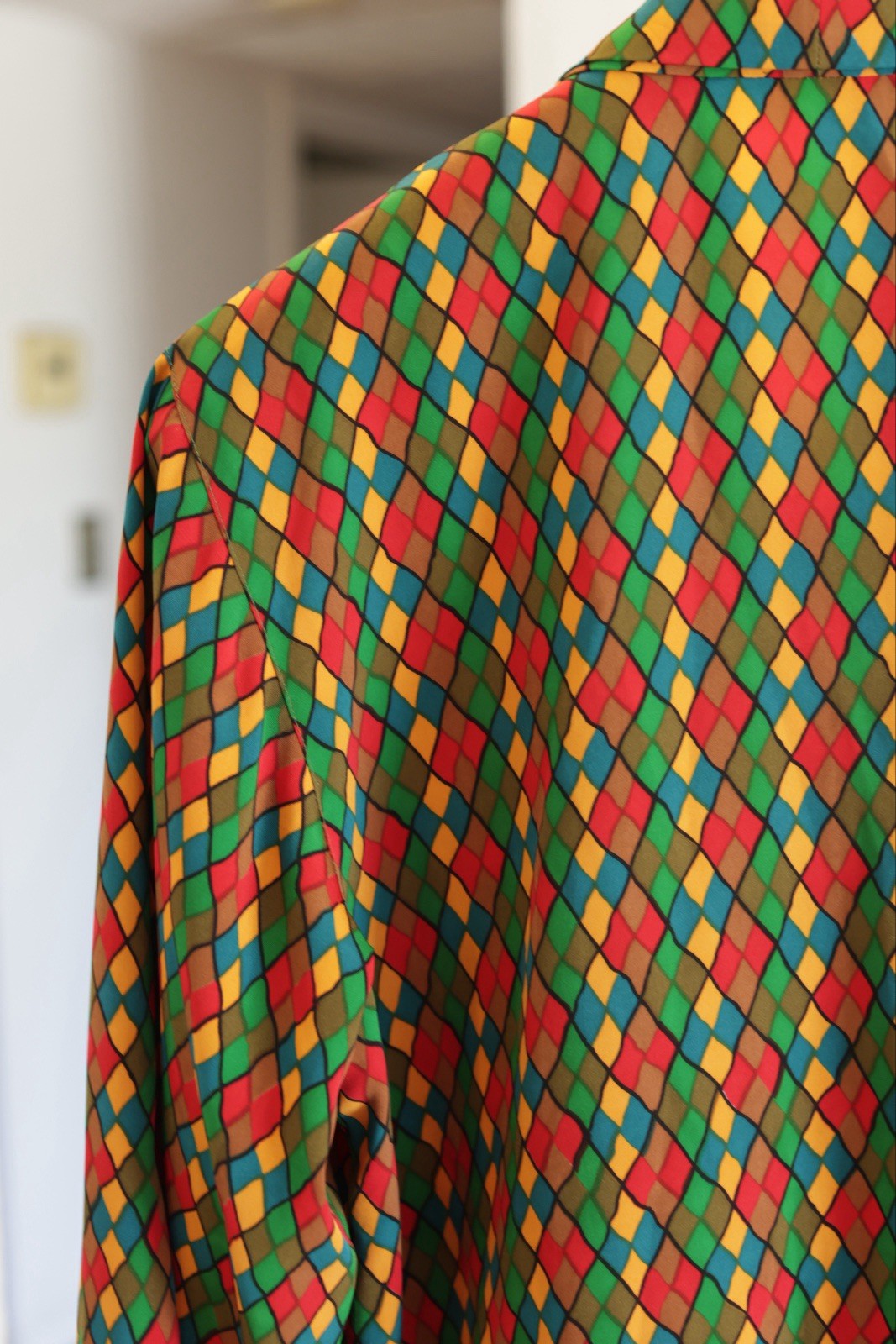 Vintage Multicolor Geometric Pattern Bow Tie Neck Blouse size M-L