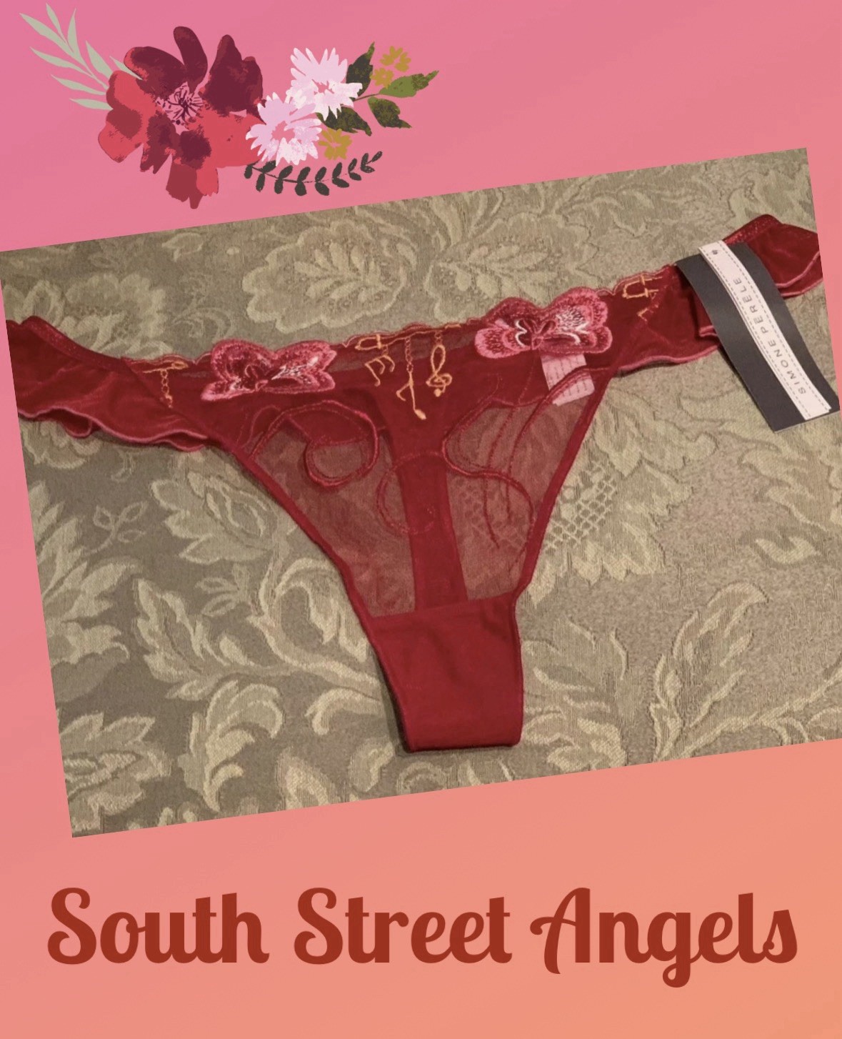 VINTAGE SIMONE PERELE 153700 RED SHEER OPERA MUSIC NOTE THONG PANTIES ~ XL NWT