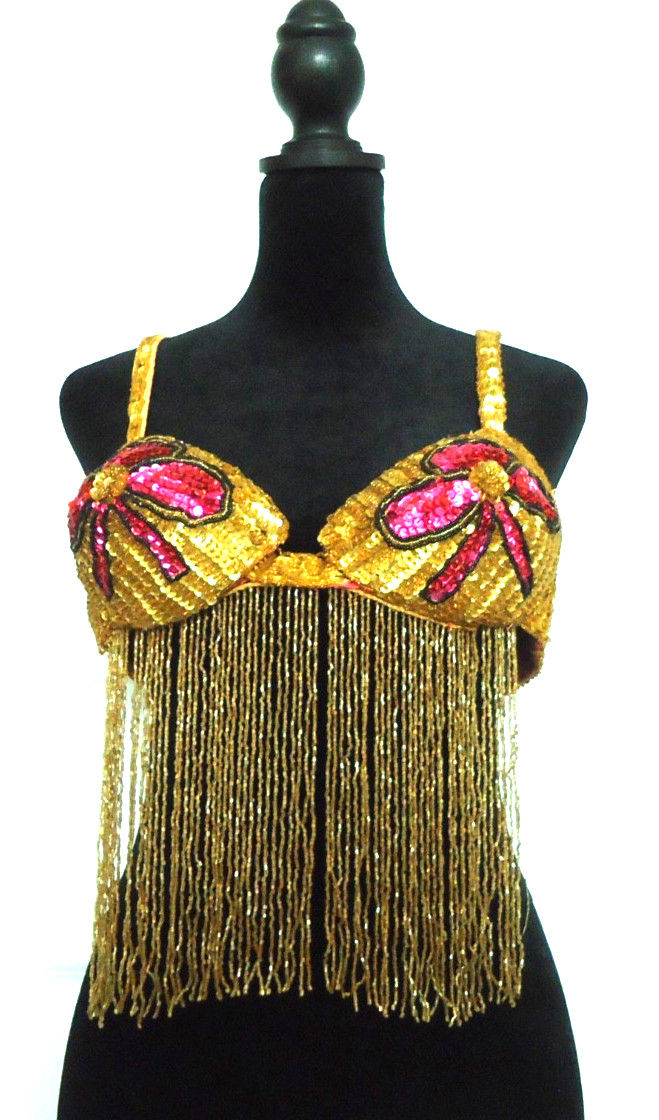 Vintage 70s Handmade Burlesque Beaded Fringe Top Pink Gold