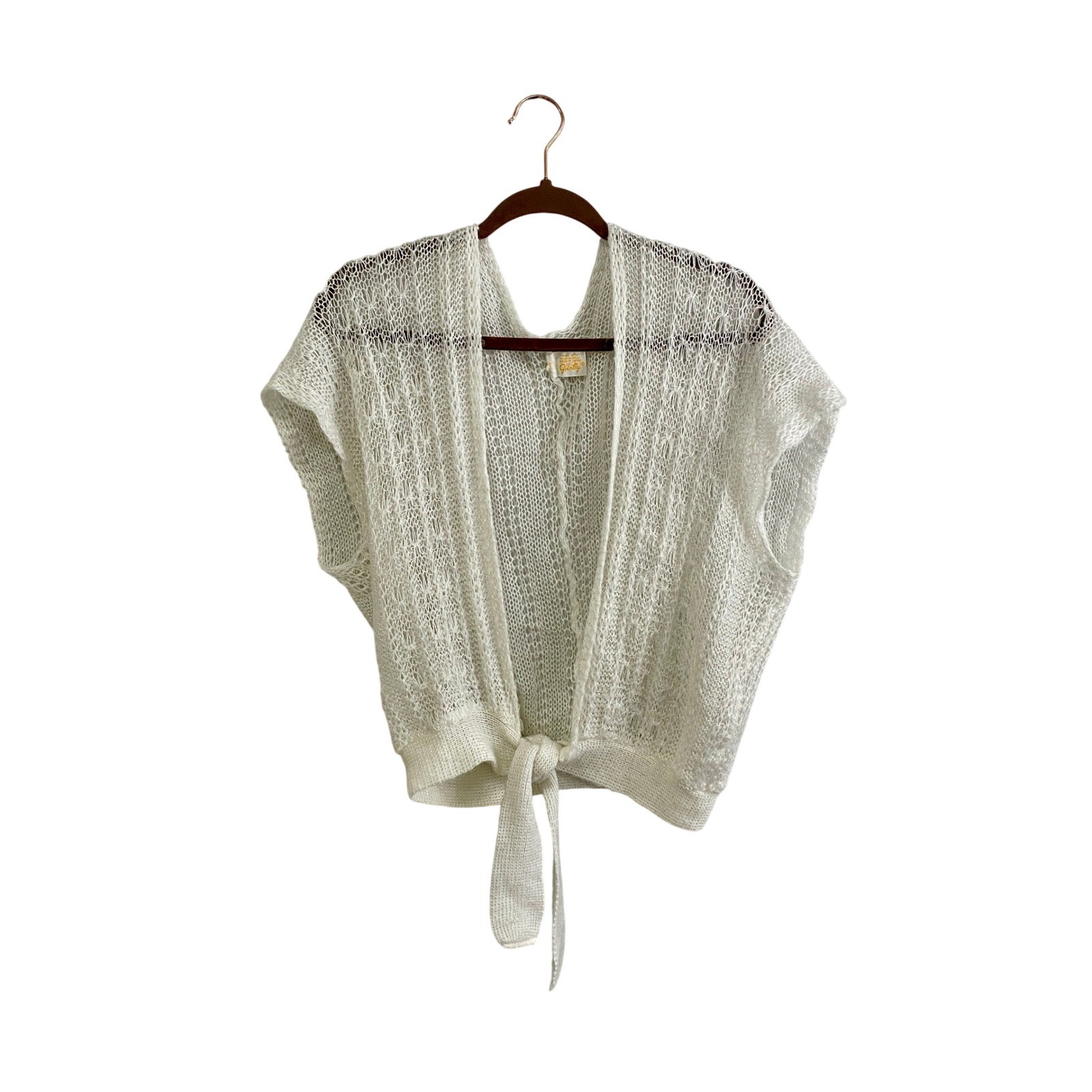 VTG 70s Glentex Open Knit Tie Front Shrug Cardigan White Coquette Balletcore M