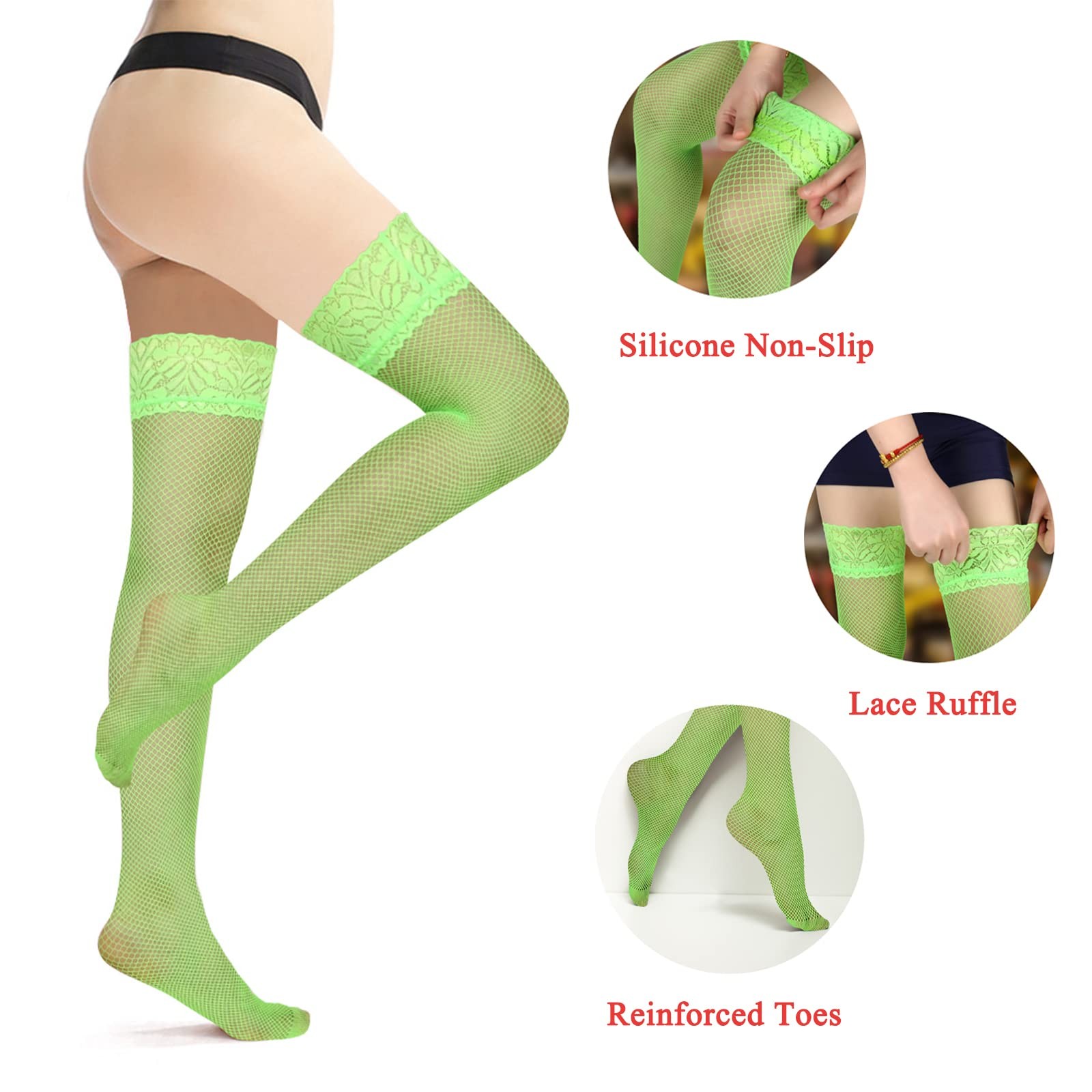 Benefeet Sox Neon Green Fishnet Stockings for Women Lingerie One Size,
