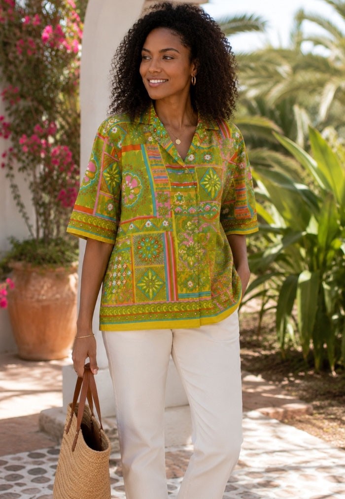ALEX COLMAN Vintage 60s/70s Women’s Psychedelic Print Cotton Blouse Shirt – Sz L