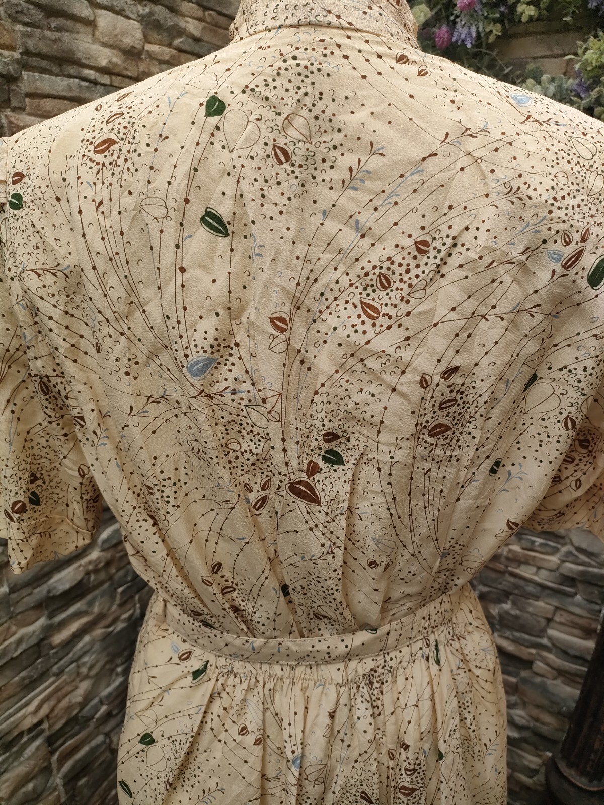 Vintage 40s Style Aline Cream Floral Dress Brown Blue Neck Tie And Belt Medium