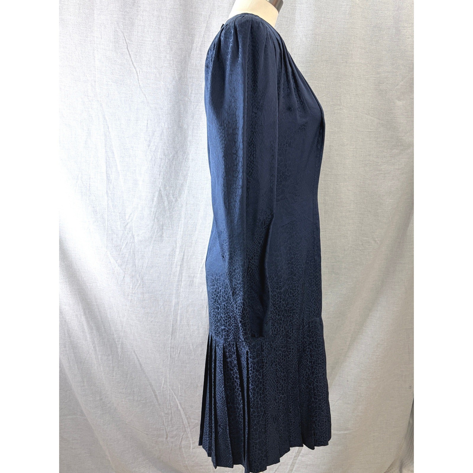 Argenti Vintage 80s Silk Leopard Jacquard Drop Waist Dress Navy 10 Dark Academia