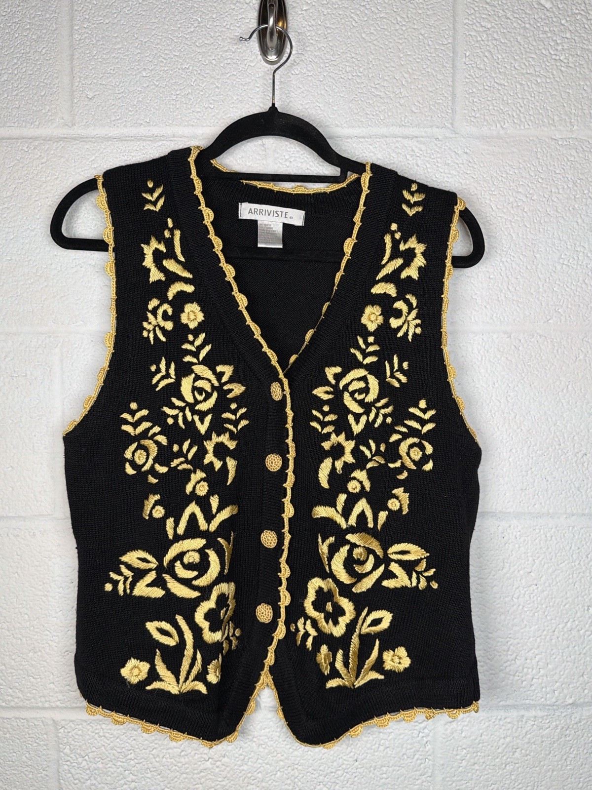 Arriviste Black Gold Embroidered Sweater Vest L Ramie Cotton Vtg Boho Folk Art