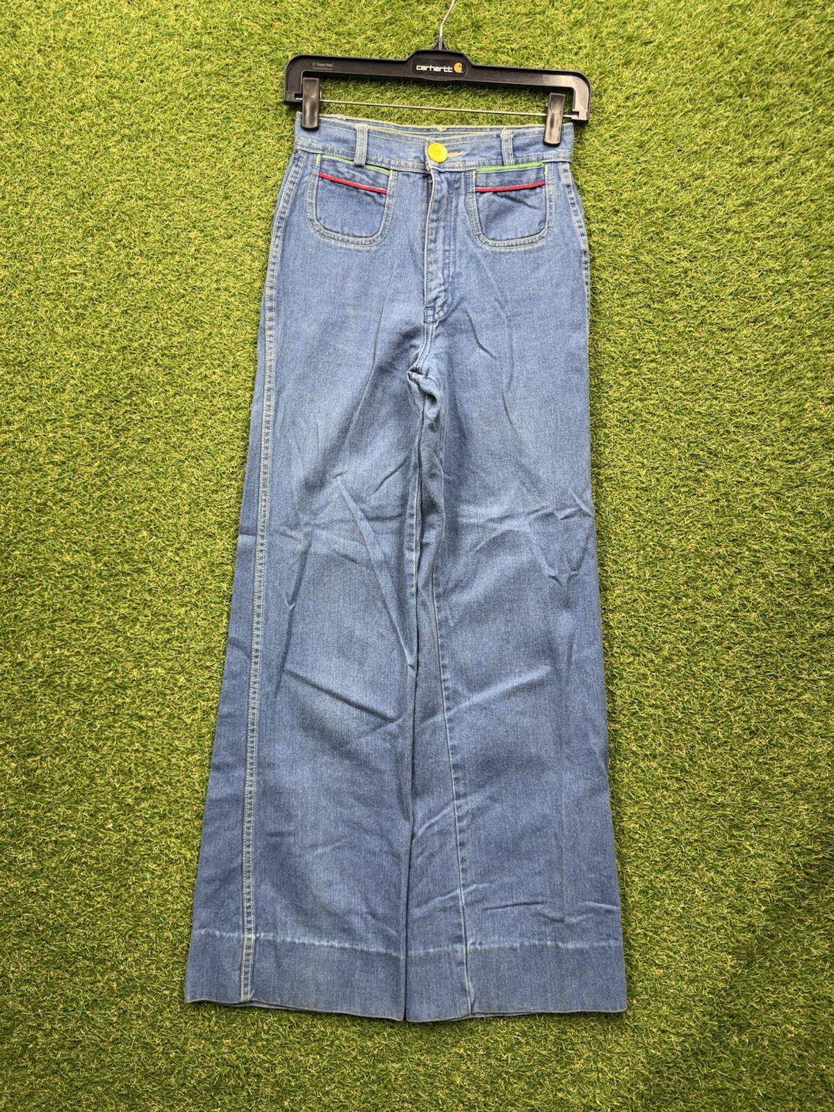 Vintage Wrangler Bell Bottom Jeans Womens 24×30 Pink Stripe Pockets Boho Stretch