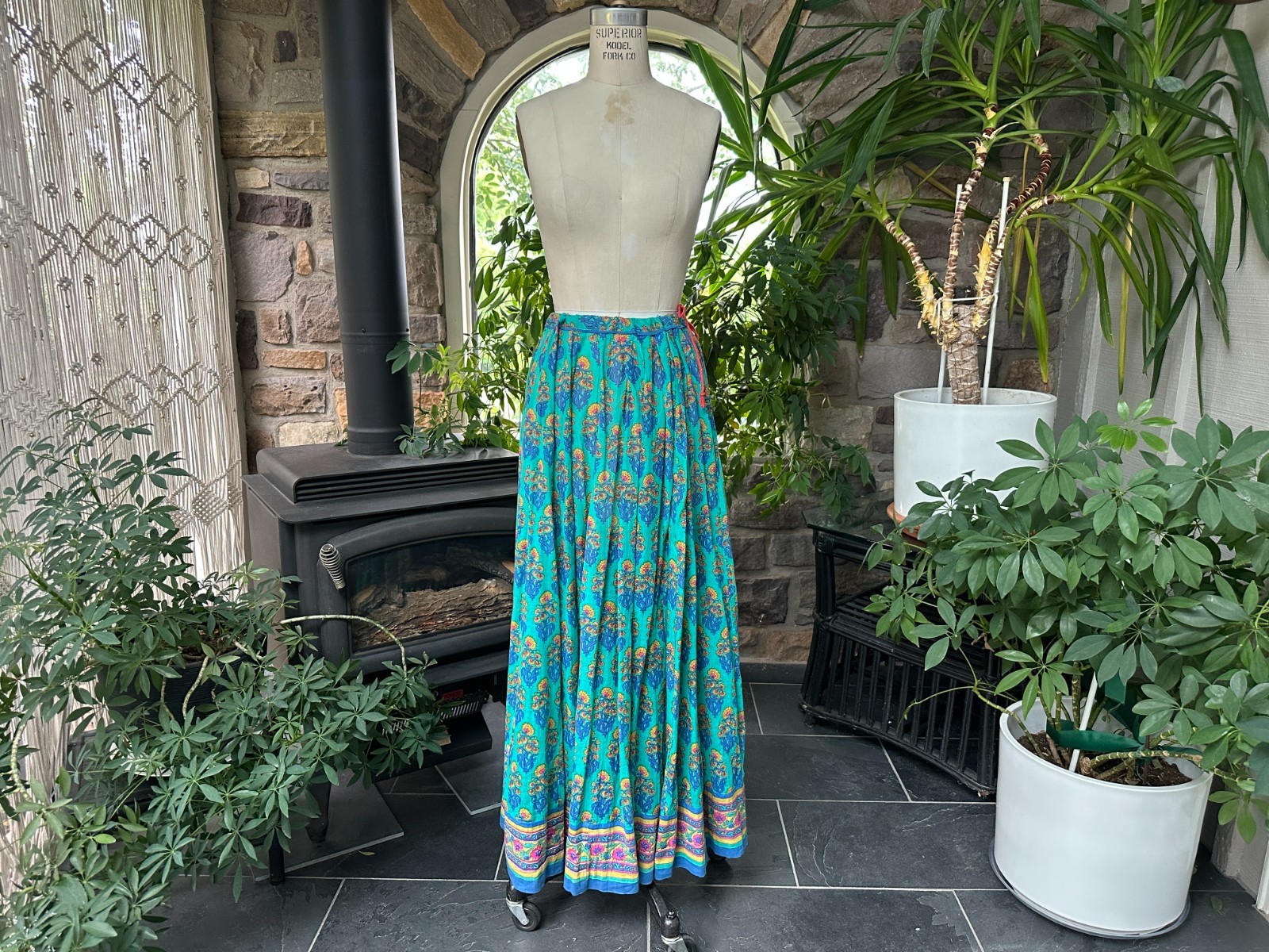 Vintage Turquoise Floral Indian Cotton Maxi Skirt Rapsodia