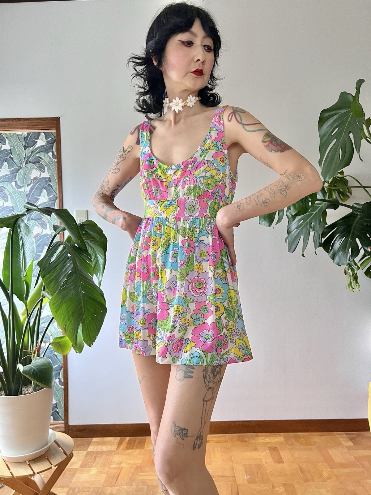 60s Mod Psychedelic Swirl Floral Babydoll Mini Dress Neon Pink Lounge Dress M/L