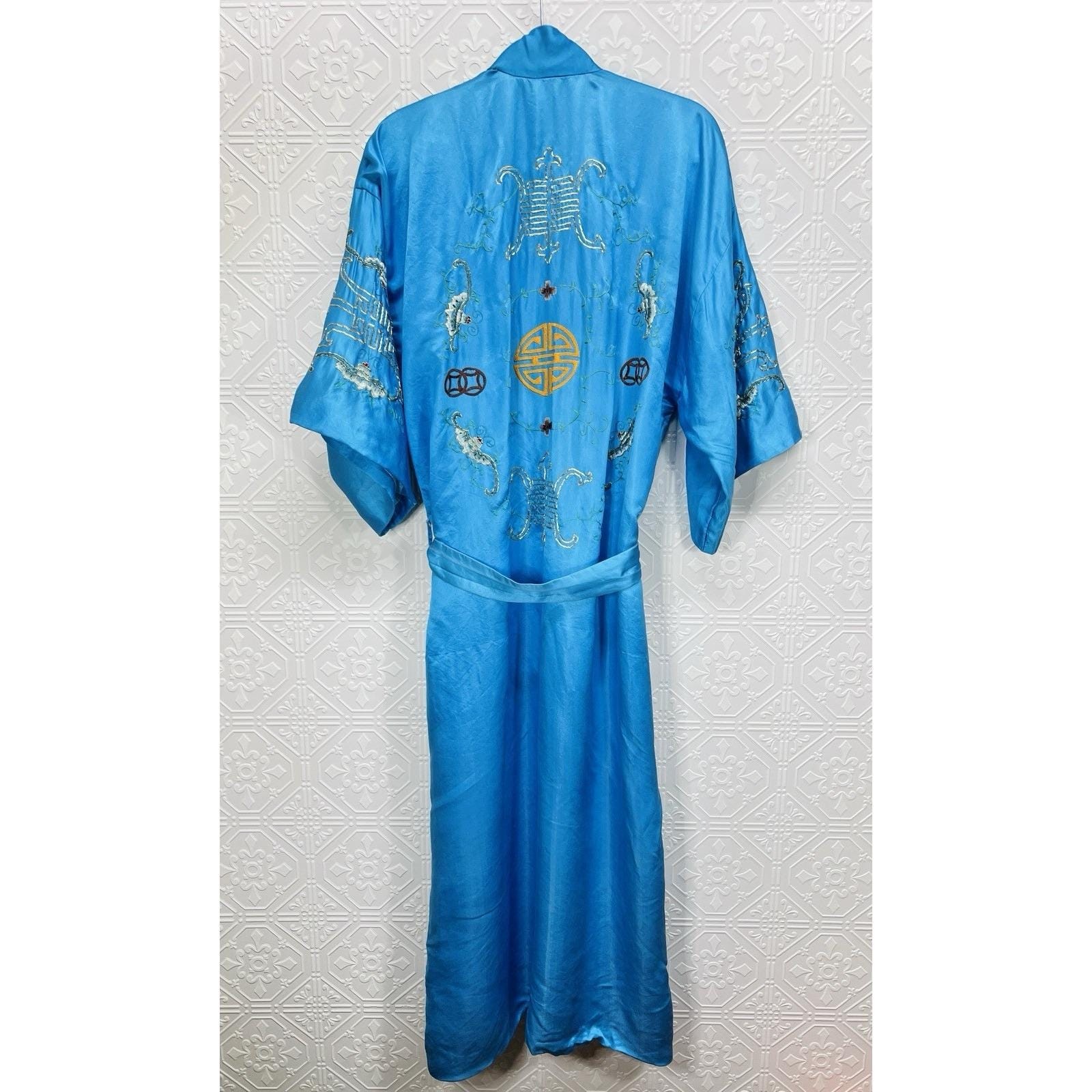 Vintage 1960s Hand Embroidered Silk Robe, Size L, Full Length, Unisex