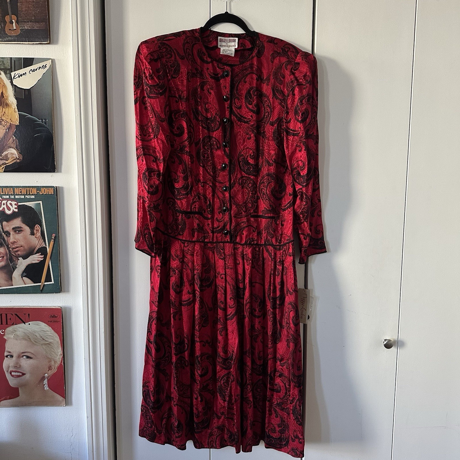 Vintage 80s Deadstock Paisley Shoulder Pads 100% Silk Pleated Drop Waist Dress M
