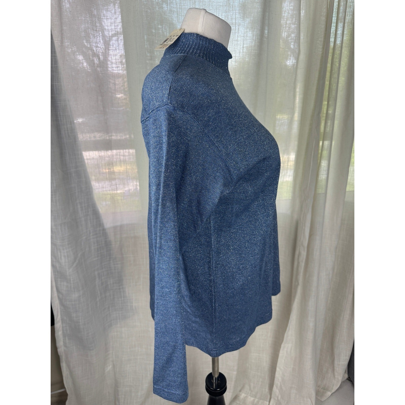 Vintage Blue Metallic Mock Neck Long Sleeve Knit Top Shimmer NWT 90s Broadway
