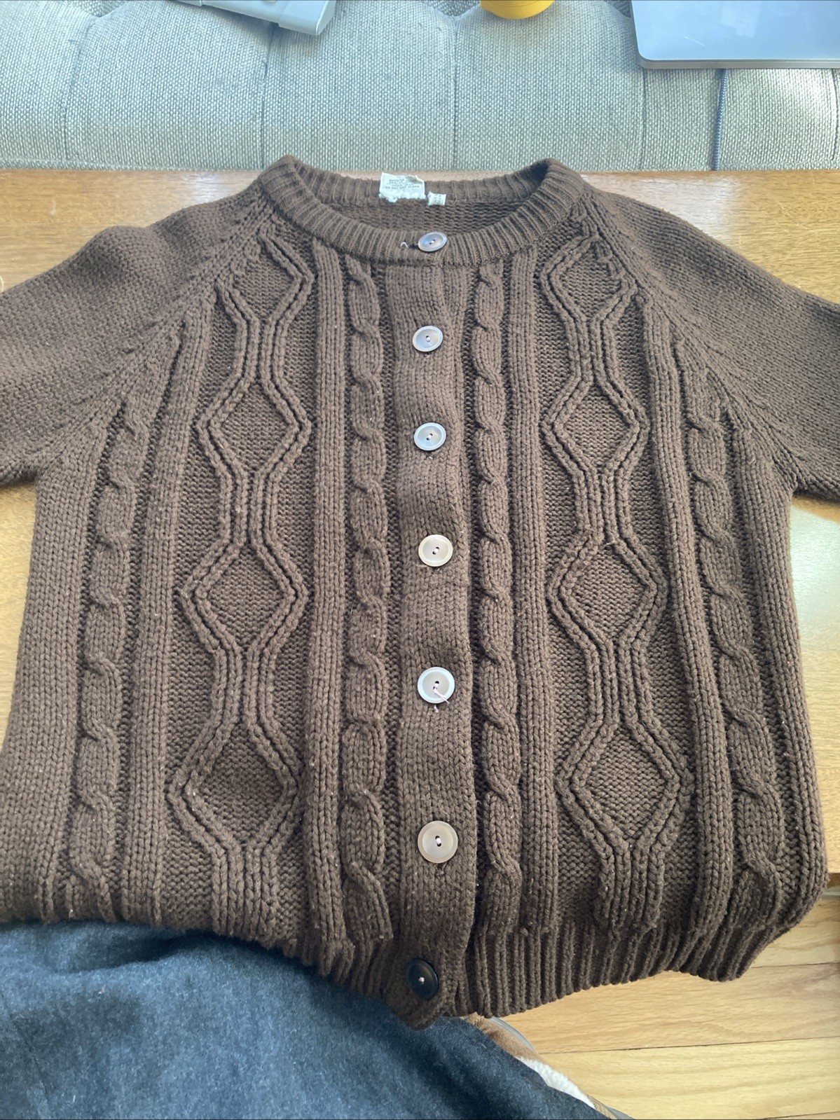 Vintage 1970s Women’s Brown Knit Cabled Acrylic Button Down Cardigan House Coat