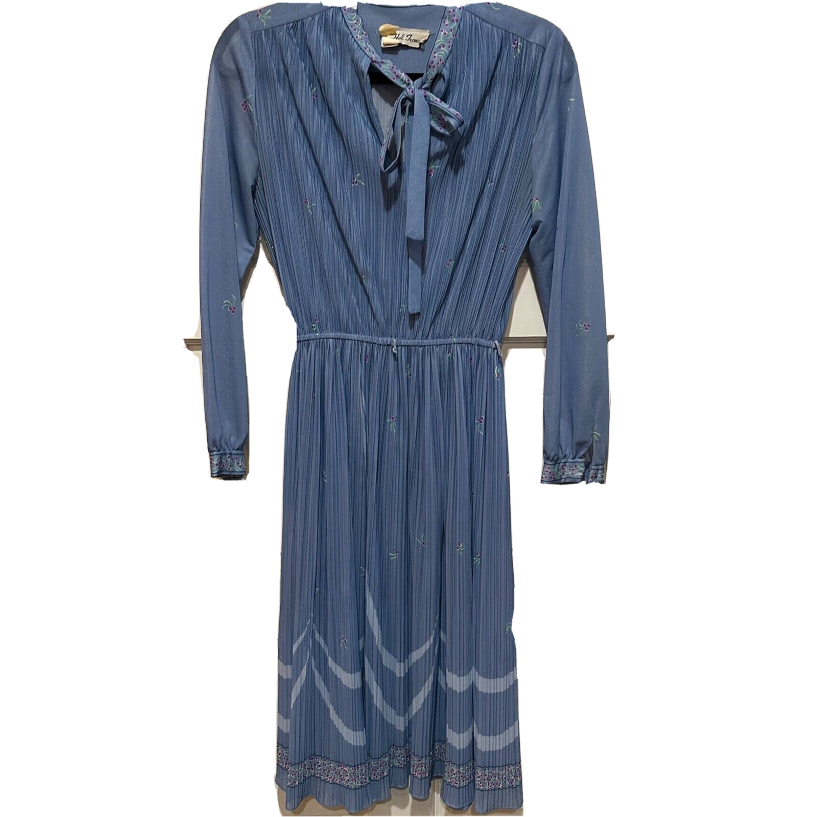 Vtg 70’s Blue Floral Belted Accordian Pleat Dress by Hal Ferman Tie Neck 12
