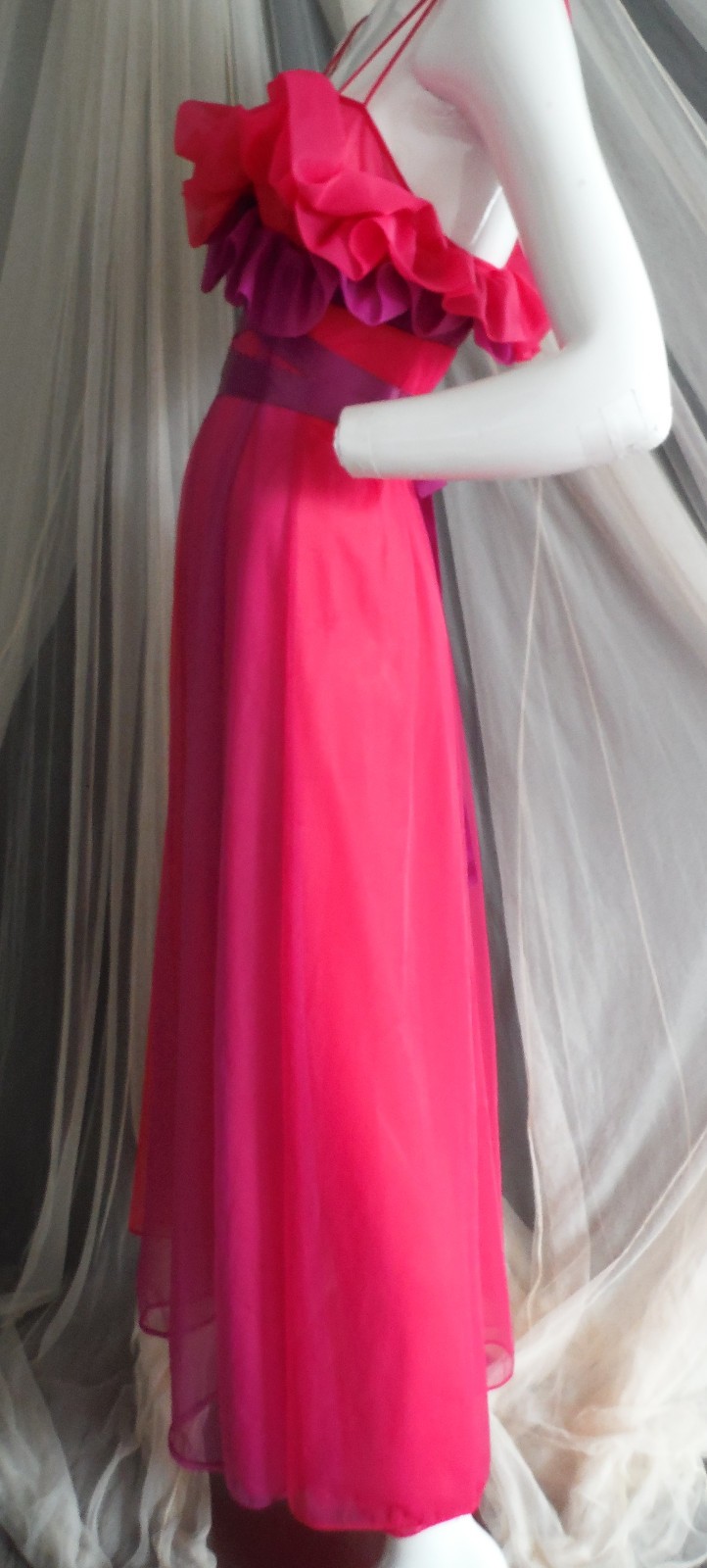 GORG! VTG Chiffon Purple & Magenta lined Maxi Gown Flowing Ruffles Amazing! Sm