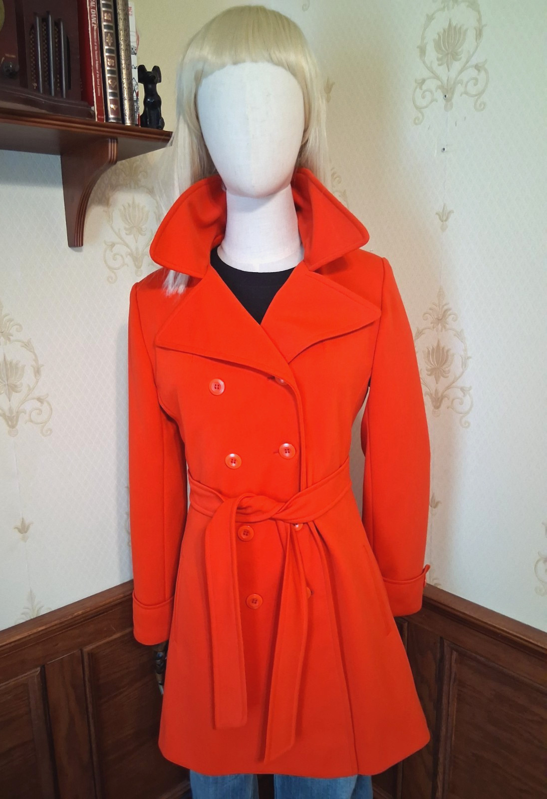 Vintage 1970s Poppy Red Mod Space Age Princess Silhouette Belted Pea Coat