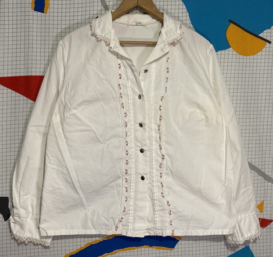 Vintage 60s Floral Crochet Lace Shirt Large 70s Cottagecore Victorian Hippie