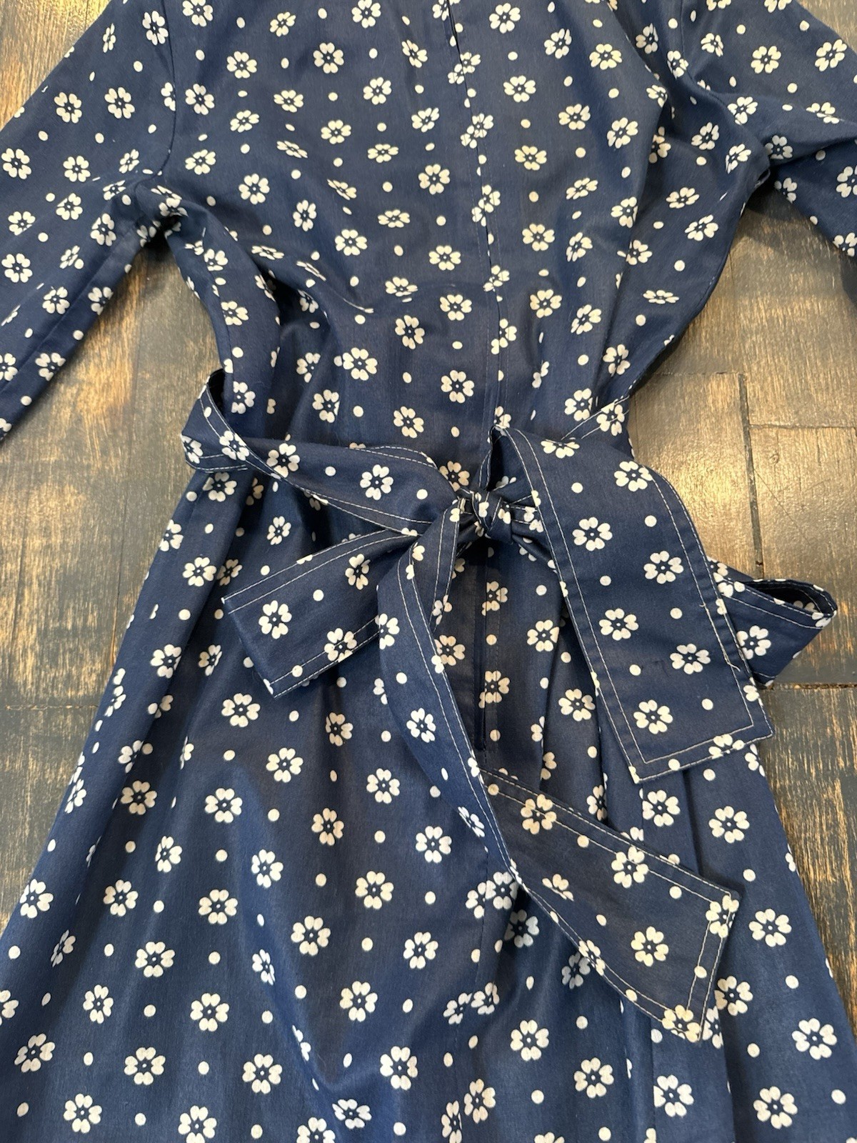 Vintage 1970s DW3 David Warren Collared Dress Navy & White Floral Belted Sz S/M