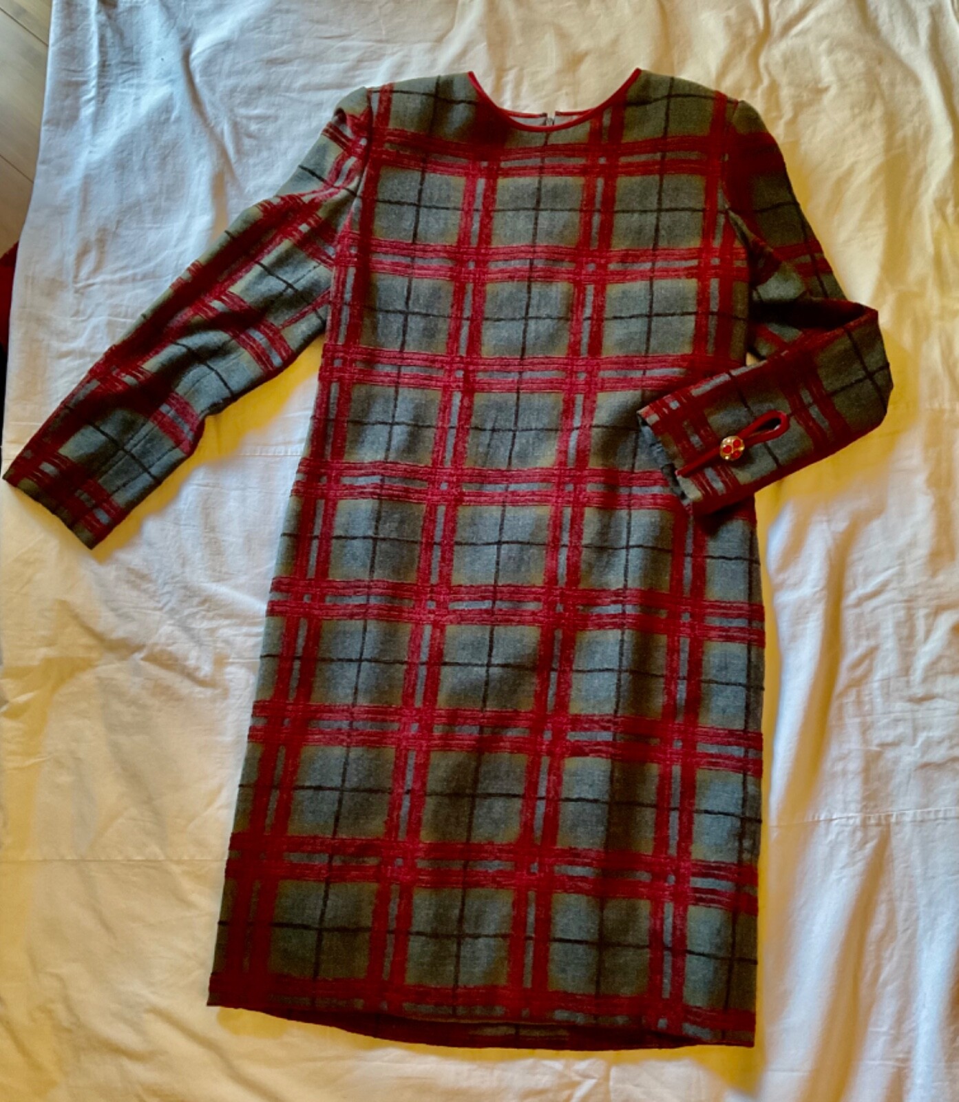 GALANOS 80s vintage dress gray red wool plaid designer lined sheath womans sz 10
