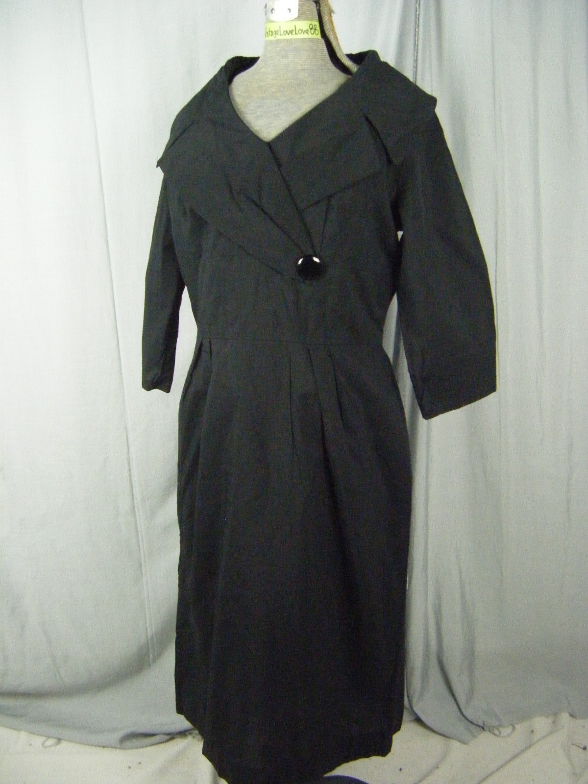 Vtg 60s Black Wide Collar Button 3/4 Sleeve Dress-Bust 41/ M