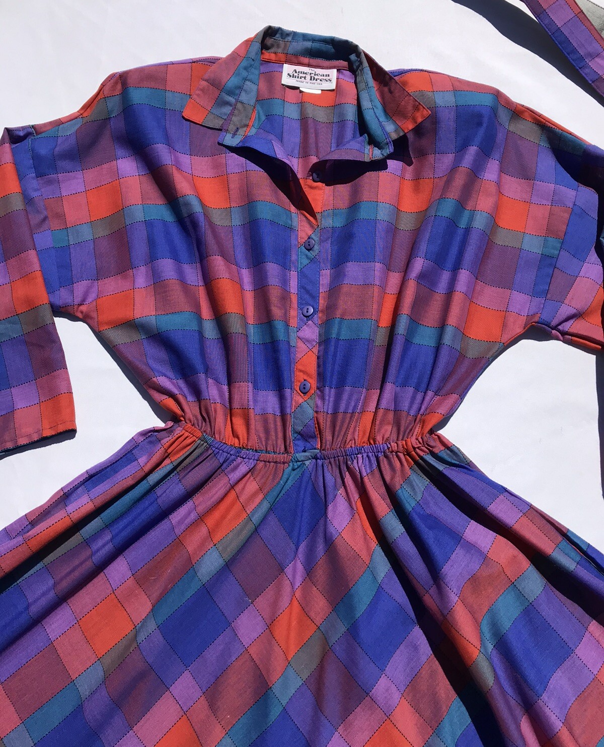 Vtg 80’s AMERICAN SHIRT DRESS Women’s M L 13 Geo Color Block Belted Shldr Pads