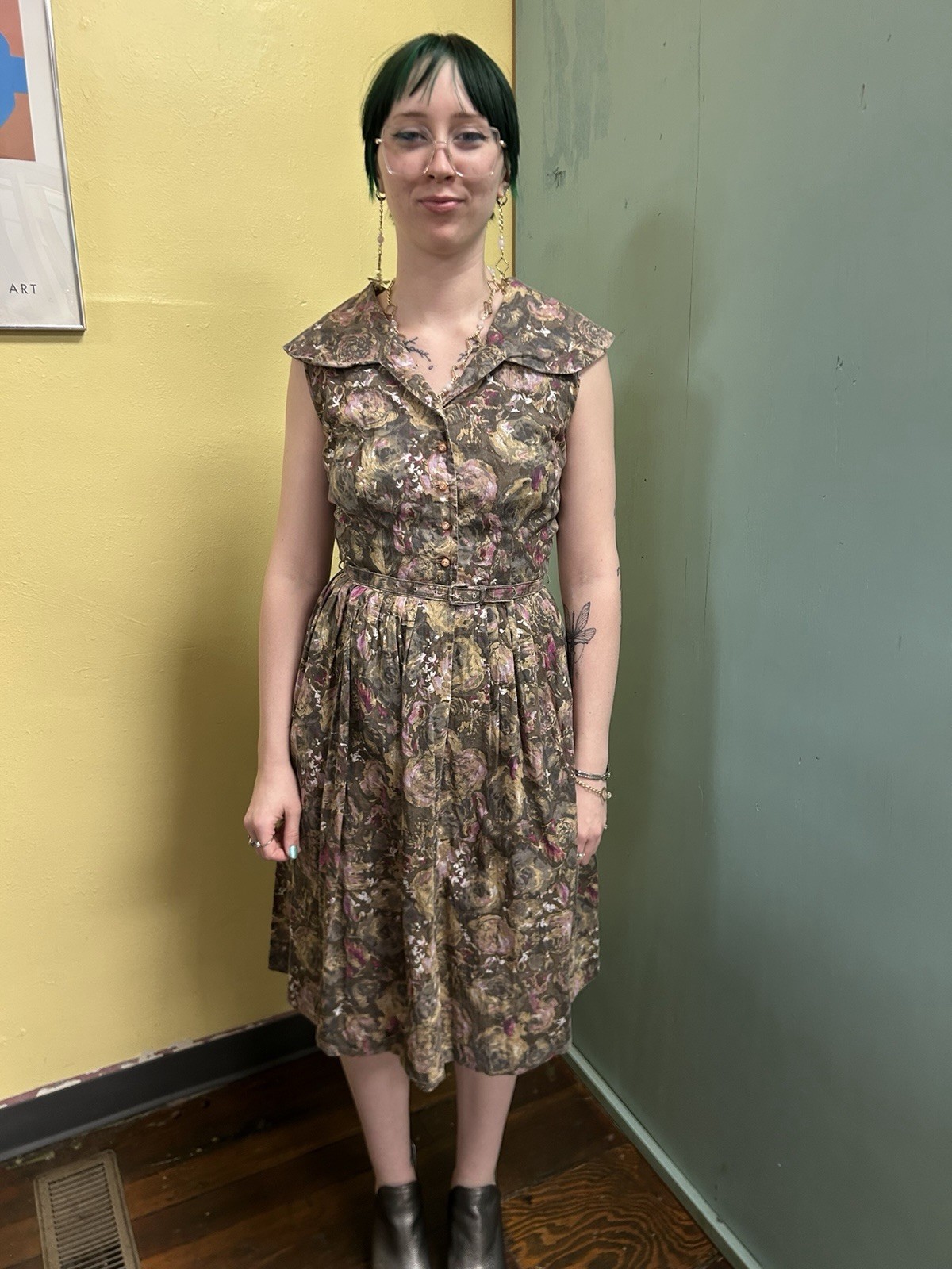 Vintage 50s Gingham Girl Rose Print Sundress S