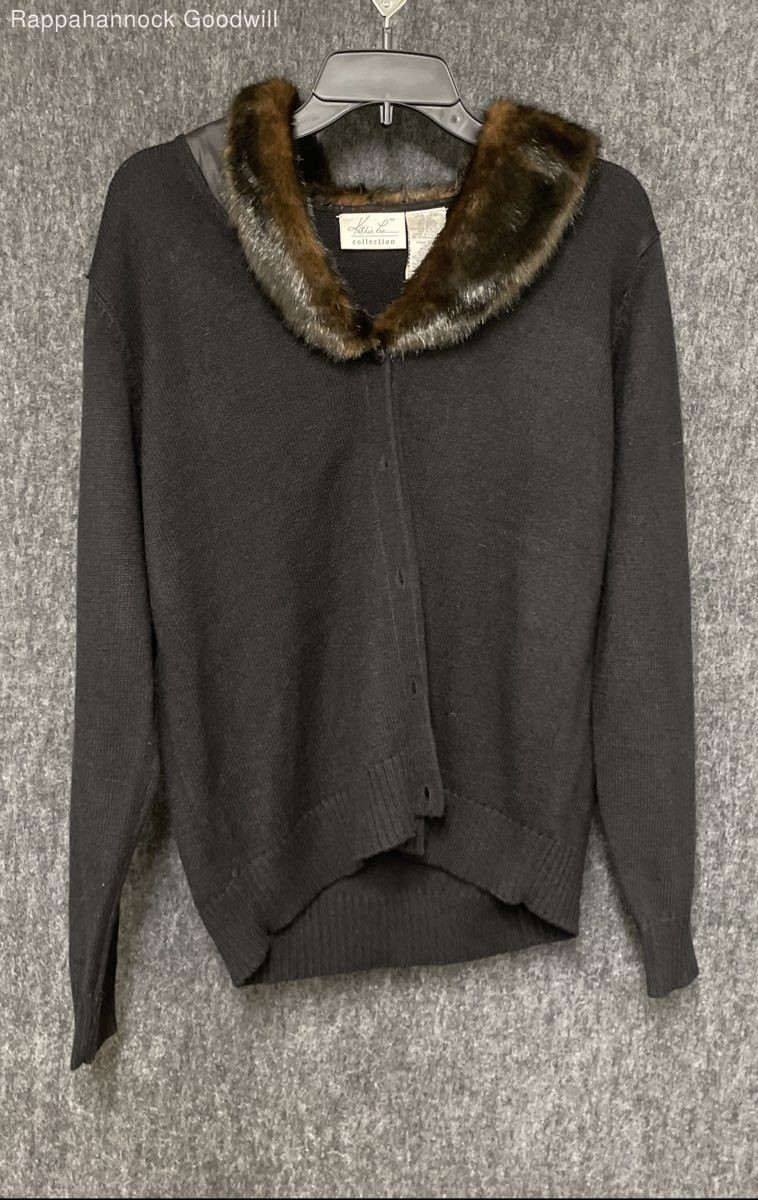 Vintage 90s Kathie Lee Collection Women’s Black Cardigan Faux Fur Collar Sz L