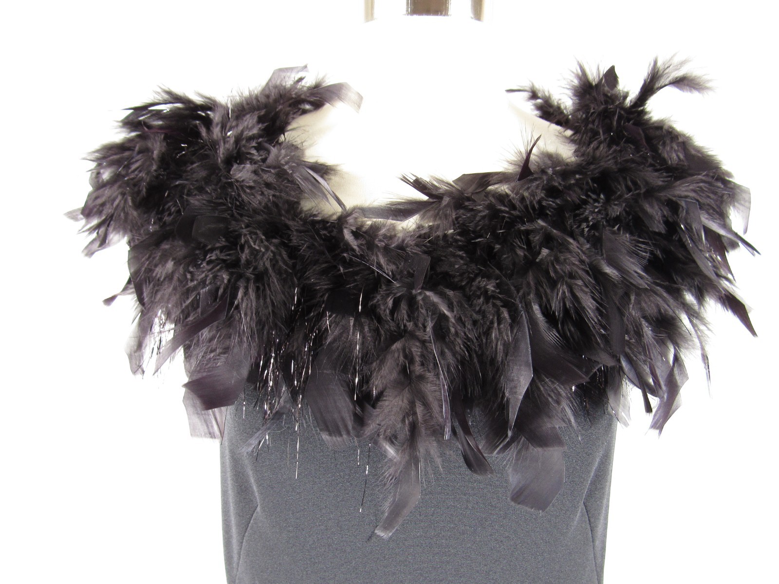 Vintage Joseph Ribkoff Black Cocktail Dress Feathers Off Shoulder LBD Size 8