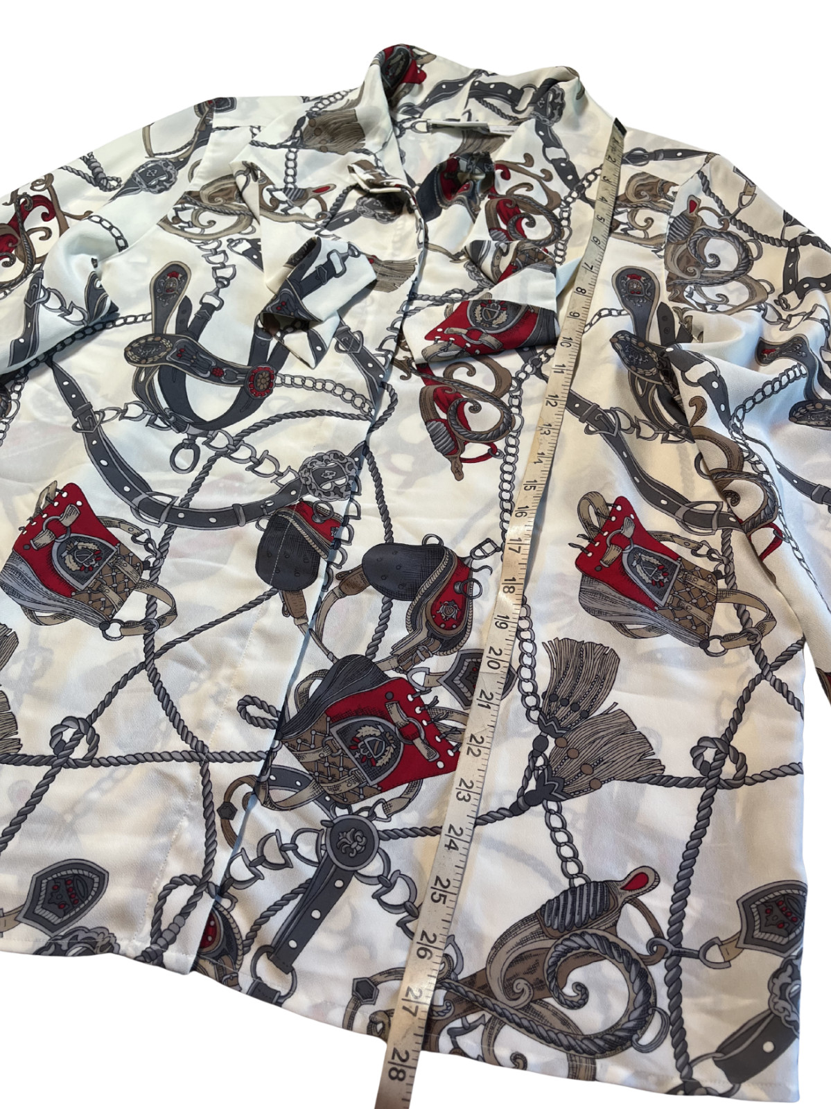 Vintage 90s Equestrian Chain Tie Neck Blouse 16 Button Up Mob Wife Granny Core