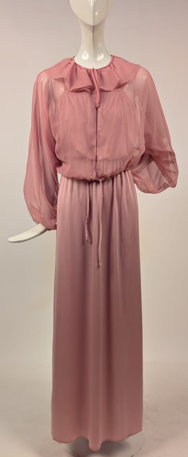 VINTAGE 1970’S DUSTY ROSE PINK 2 PC DRESS W SHEER ORGANZA RUFFLED TOP