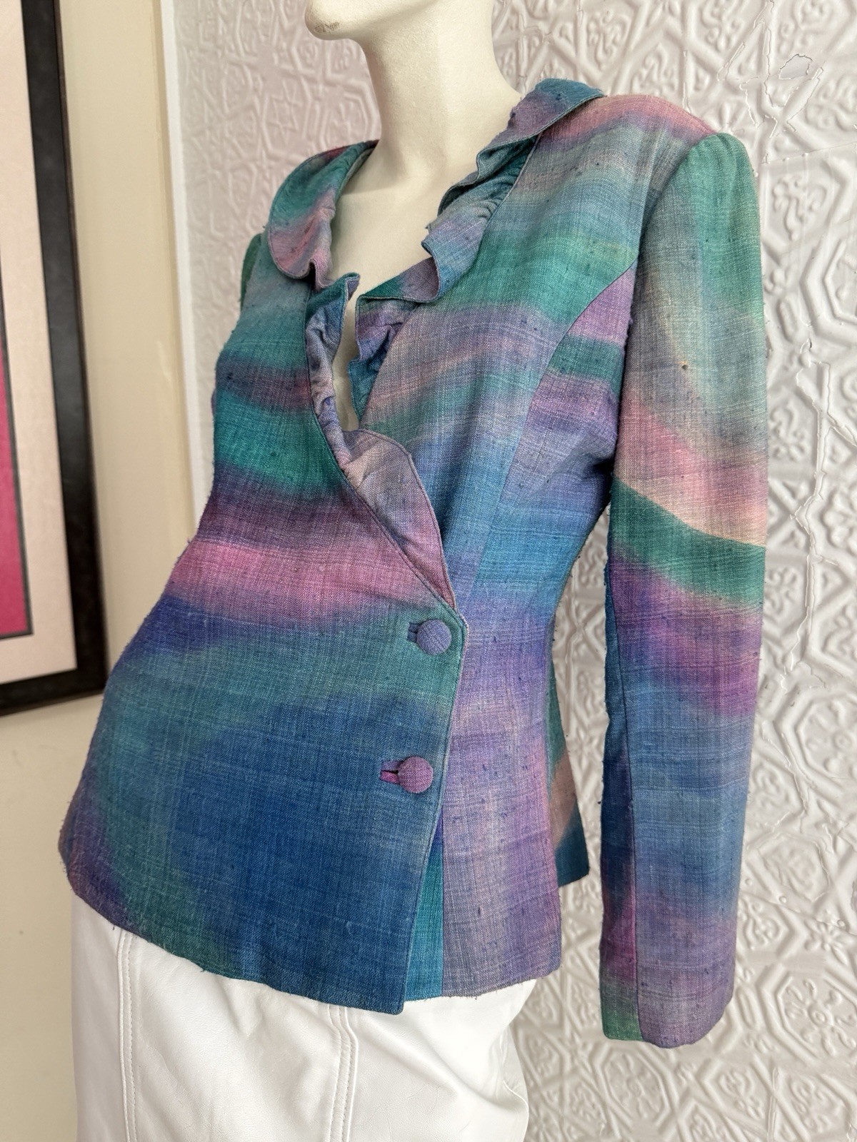 vintage 1980s hand painted raw silk jacket purple green ruffle blazer designer s