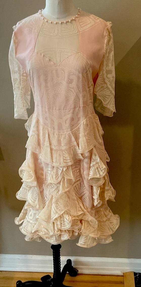 Vintage Zandra Rhodes Pink Ivory Ruffle Silk Dress OOAK