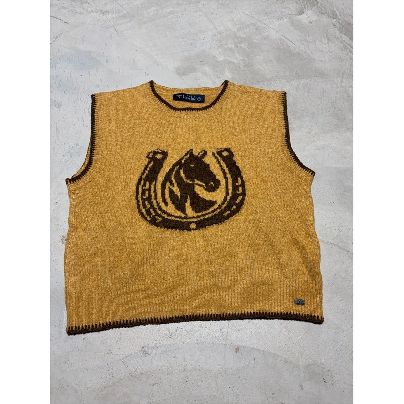 Lucky & blessed Horse Motif Sweater Vest – Mustard M/L country western cowboy