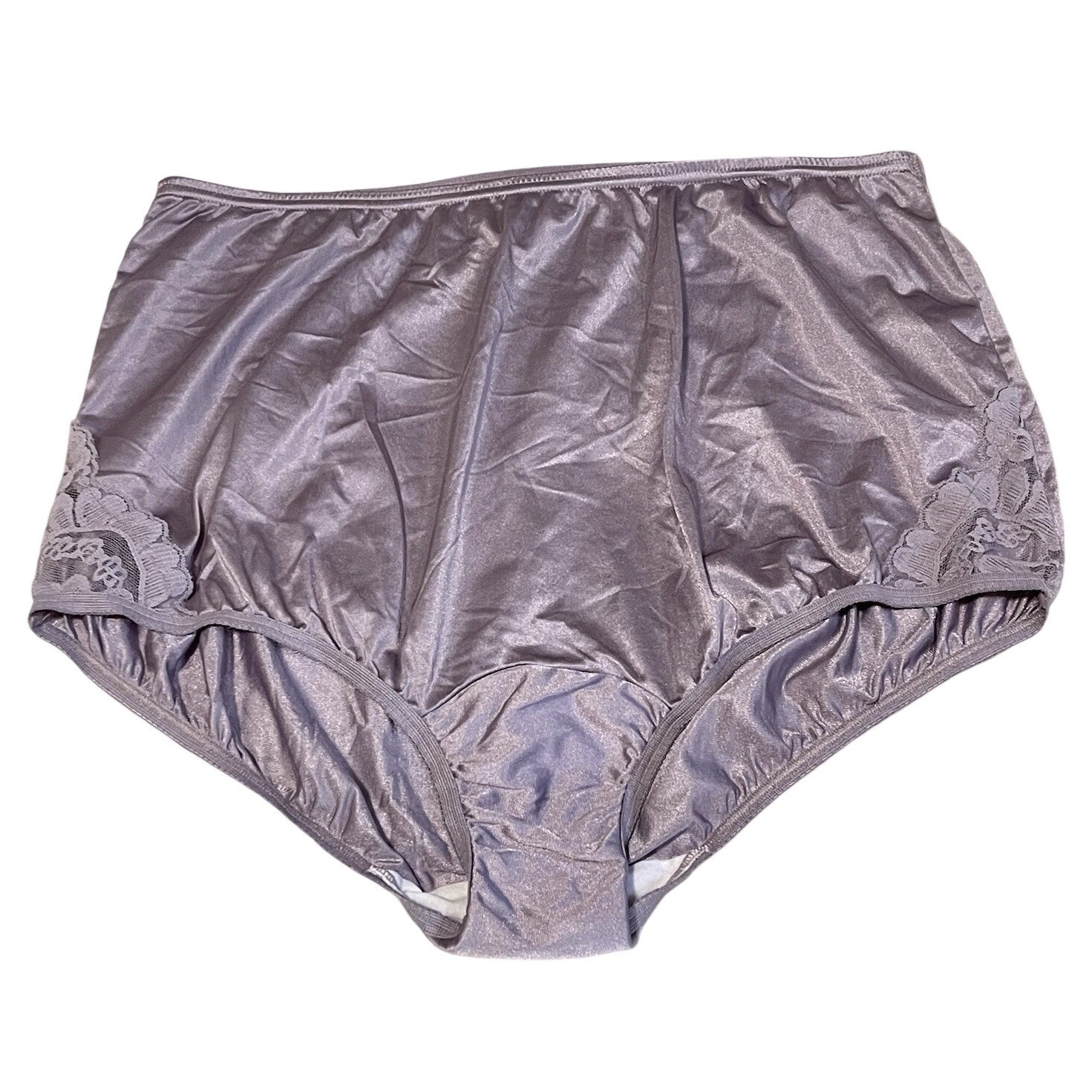 VTG Vanity Fair Panties Purple Lace Nylon High Waisted 8/XL Sheer Sissy Satin