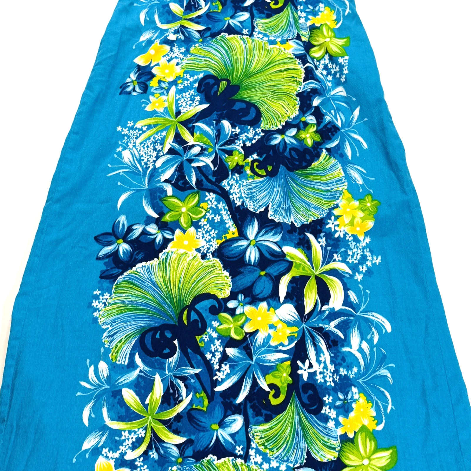 VTG Women’s Hawaiian Togs Blue Floral Barkcloth Pleated Train Maxi Dress Sz XS