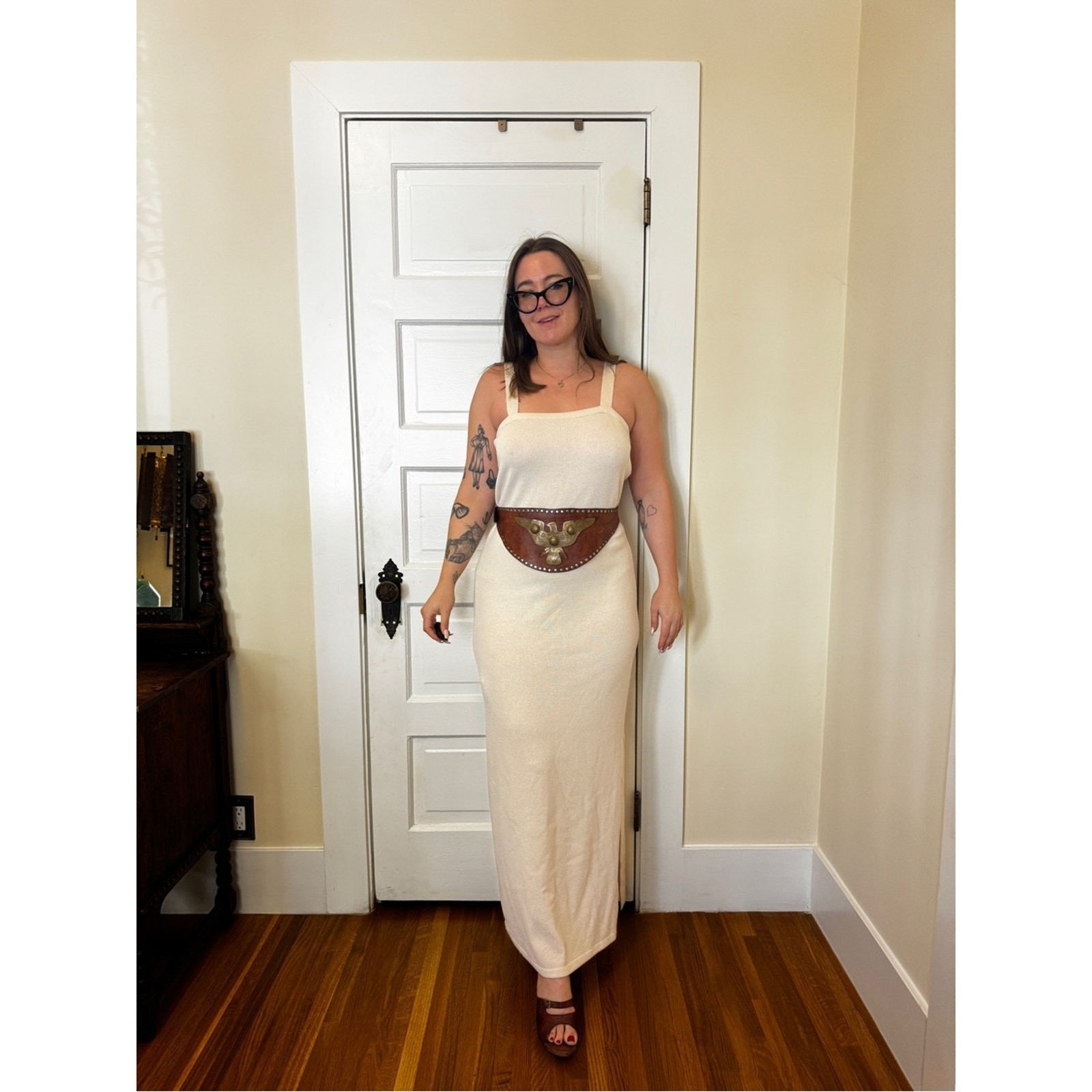 70s Vintage Santana Knit Maxi Dress Cream Column Karen Couture Los Angeles Sz XL