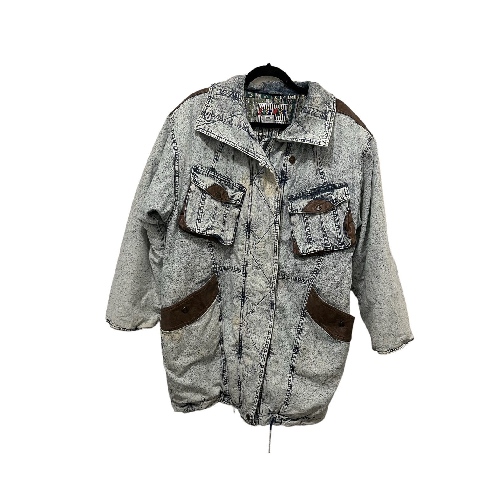 Vintage 80’s East West Acid Stone Wash Denim Coat Blue Jean Jacket Womens Sz XL