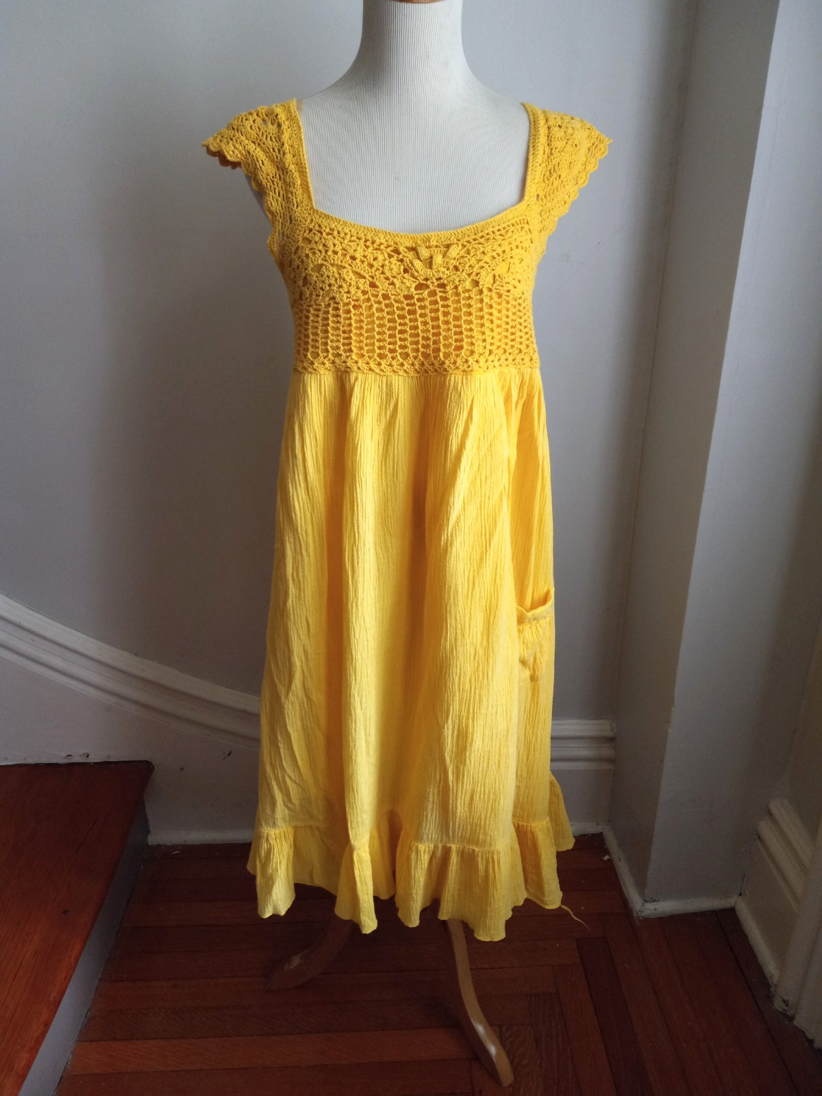 VINTAGE 70S CANDIE’S YELLOW COTTON GAUZE CROCHET DRESS XL L