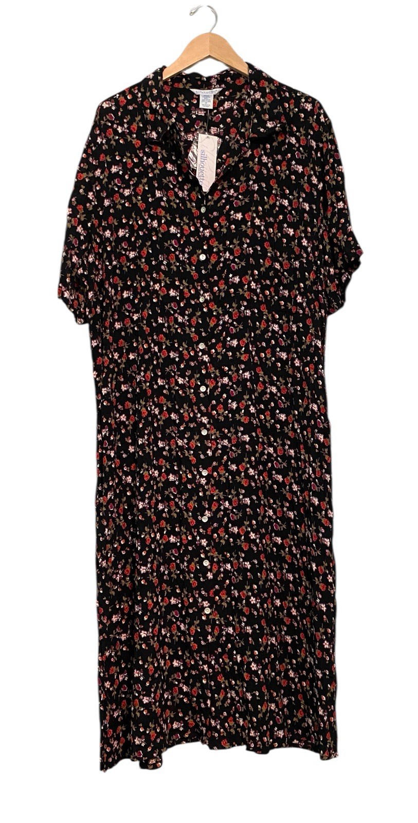 Silhouettes Dress Size 26 Rayon Black Red Flowers Midi Short Sleeve Cottagecore
