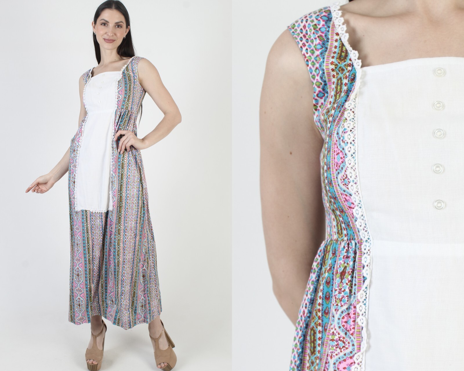 Vtg 70s Liberty House Hawaii Dress Luau Cotton Tiki Party Geometric Sundress