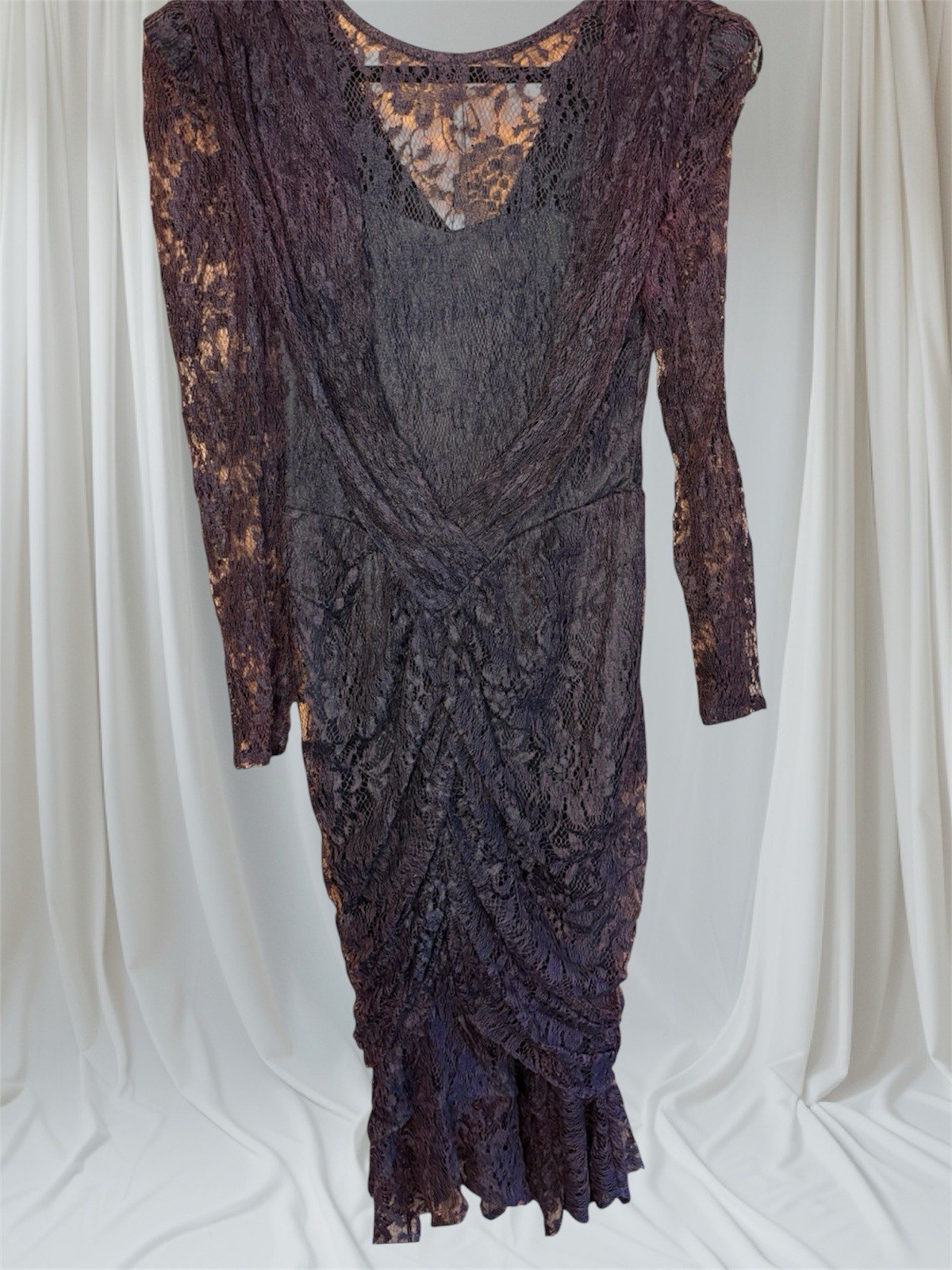 VTG 80s vintage black lace ruched cocktail dress with long sleeves Brown Lace XS