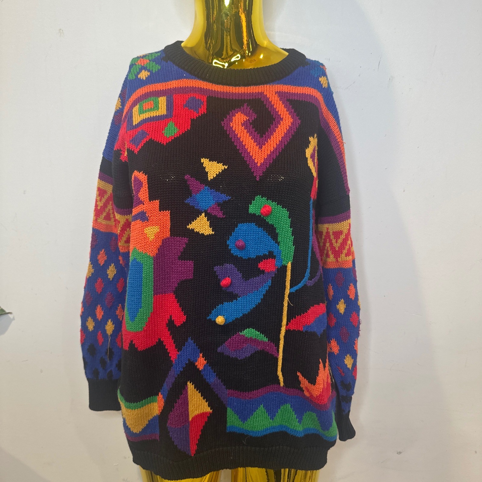 Vintage Rafaella Petites Abstract Geometric Floral Knit Sweater Small Black Art