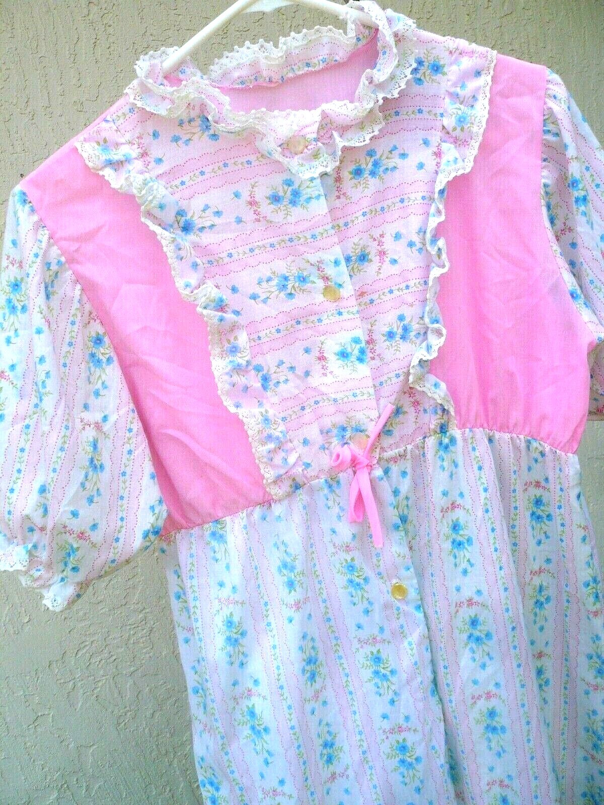 VTG 70S M PINK BLUE FLORAL COTTON LOUNGE DRESS PATIO NIGHTGOWN FOR PANTS WOMEN
