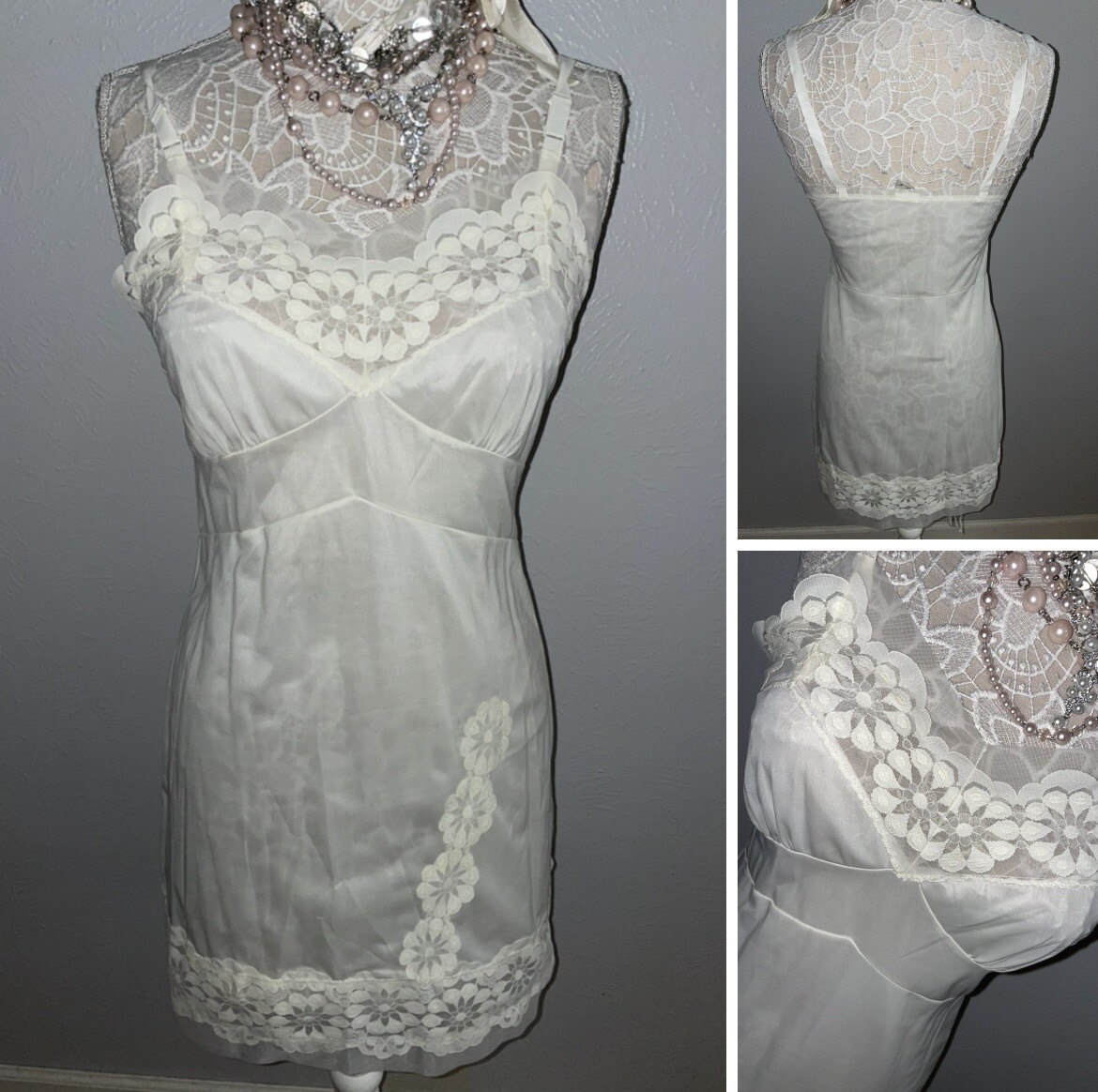 Vintage Woman’s 34 Full White Slip Dress SLIPERFECTION Nylon Mod Lace Empire