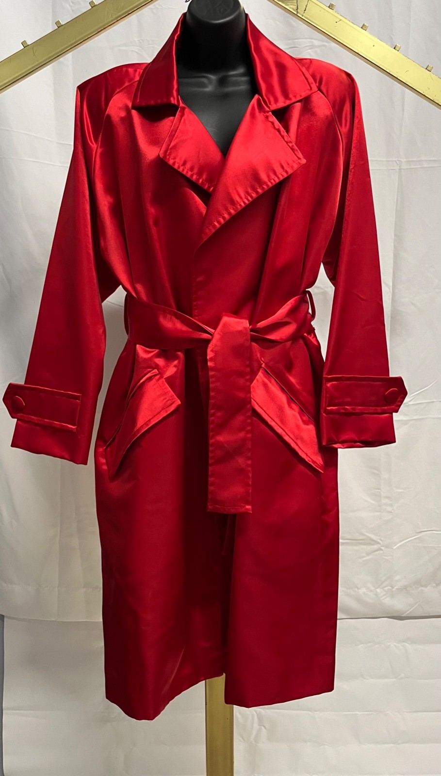 Vintage 1980s red classic satin trench coat by Morton Myles for the Warrens