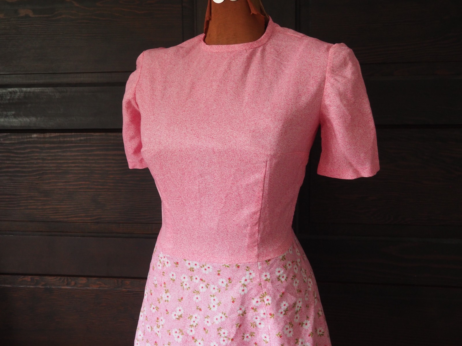 VTG 70s Pink Floral Summer Spring Garden Party Drop Waist A-Line Dress Zip Sz S