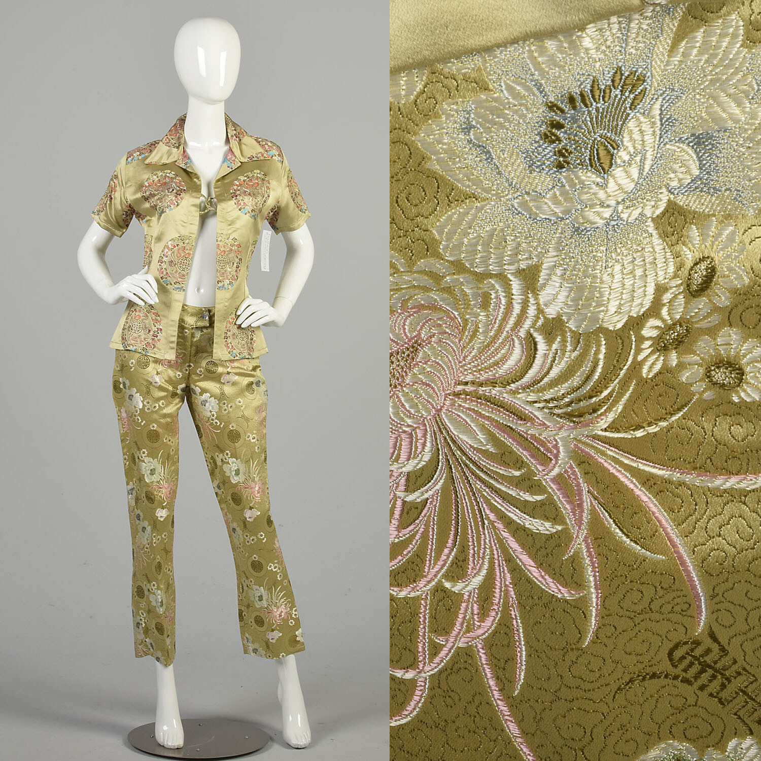 Medium 1990s Gold Embroidered Two Piece Matching Set Floral Blouse and Pants