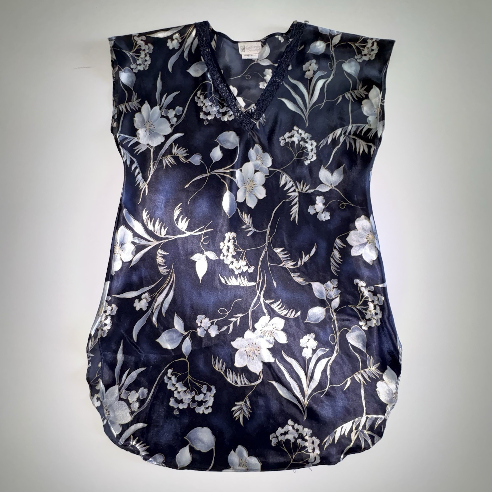 VTG Y2K California Dynasty Blue Satin Floral Sleep Shirt Nightgown Size Small
