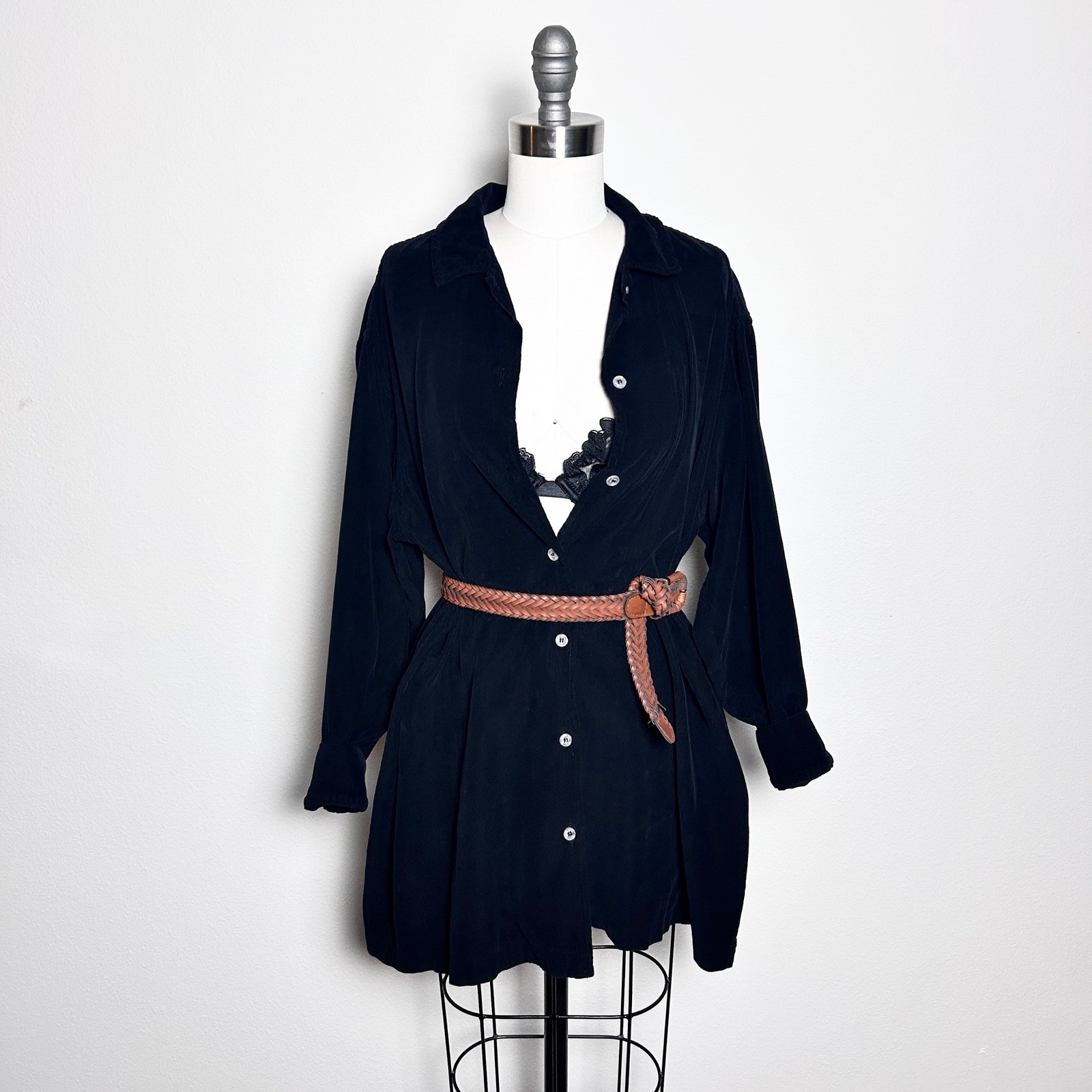 VTG Care Wear Black Corduroy 100% Cotton Oversized Button Shirt Dress Shacket